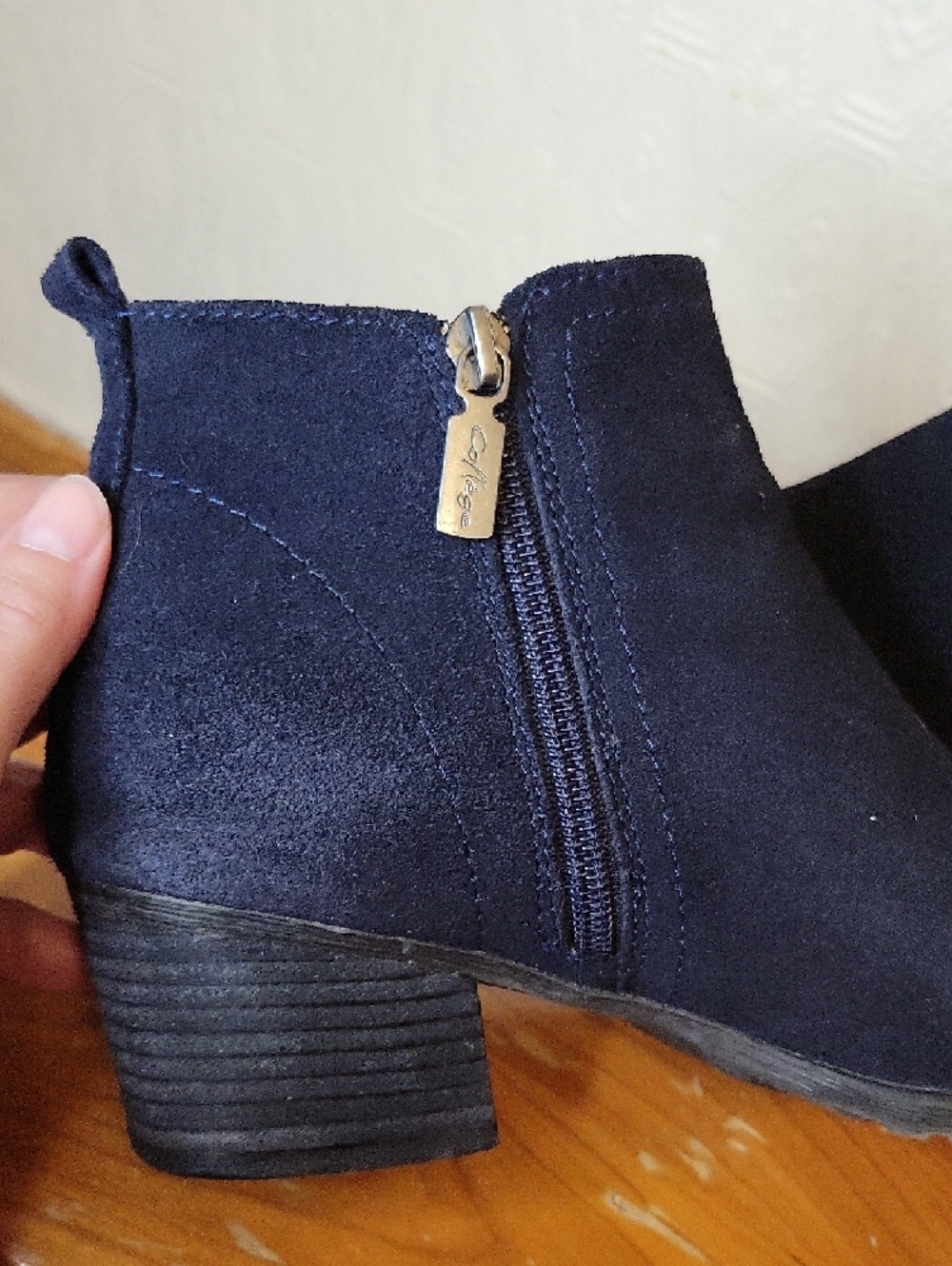 Aqua College Suede Navy Ankle Leather Booties with Low Block‎ Heel